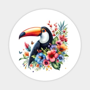 A toucan decorated with beautiful colorful flowers. Magnet